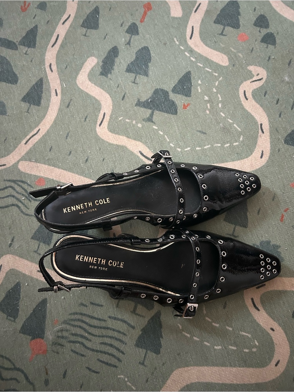 Kenneth Cole Black Patent Slingback Flats with Silver Grommets